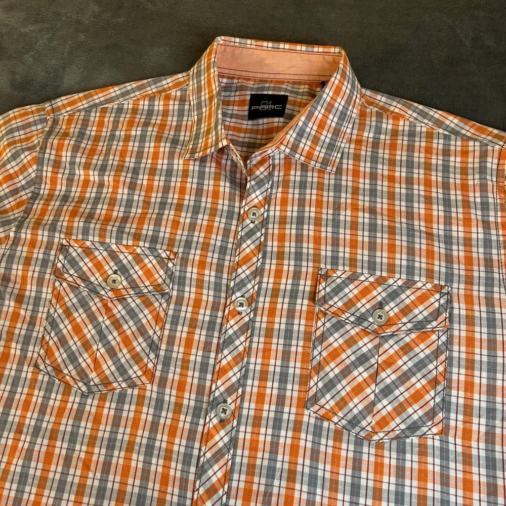 81 Parc Plaid Button Down Shirt Mens Large Orange Short Sleeve Pockets